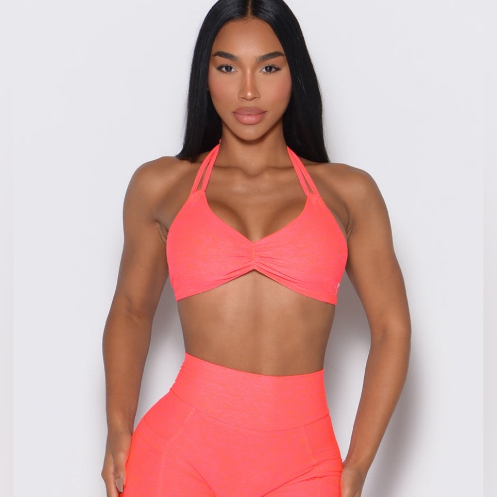 Bombshell Sportswear Neon Coral Halter Sports Bra and High-Waist Leggings Set